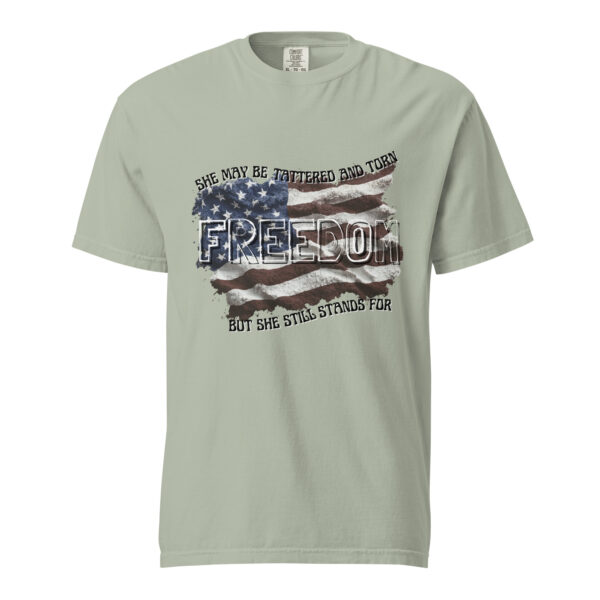 Unisex She May Be Tattered Flag T-shirt- Black Letters