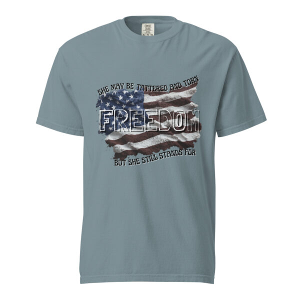 Unisex She May Be Tattered Flag T-shirt- Black Letters