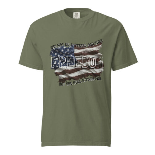 Unisex She May Be Tattered Flag T-shirt- Black Letters