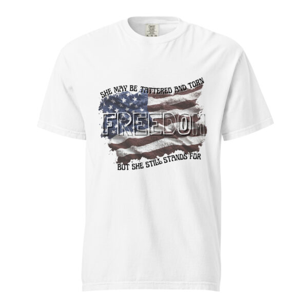 Unisex She May Be Tattered Flag T-shirt- Black Letters